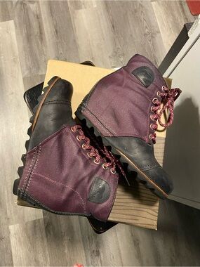 Sorel Lace-Up Wedge Boots in Black and Purple